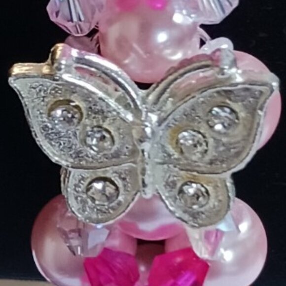 Baby Pink Faux Pearl Fuchsia Bead and Silver Butterfly Beaded Bracelet - Picture 11 of 11
